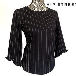 ANN TAYLOR Pinstripe Slant Ruffle 3/4 Sleeve Top Stretch Blouse XS